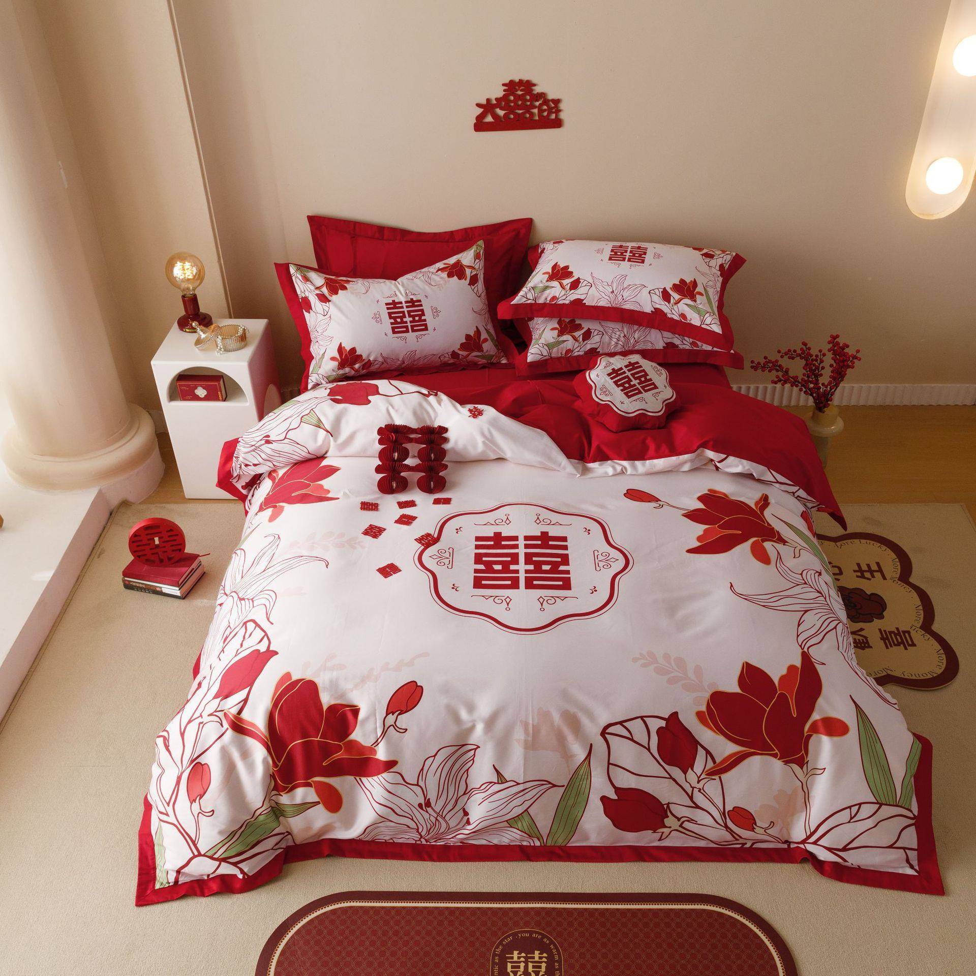 中国风大红色结婚件套全棉纯棉8被套1.2JL10米米床单四双人床上用