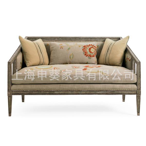 美式实木经典麻布布艺沙发橡木做旧客厅接待椅主卧躺椅家具制作