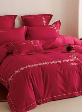 简约大气大红色结婚四件套全棉纯棉被套少女心床单双人床上用品