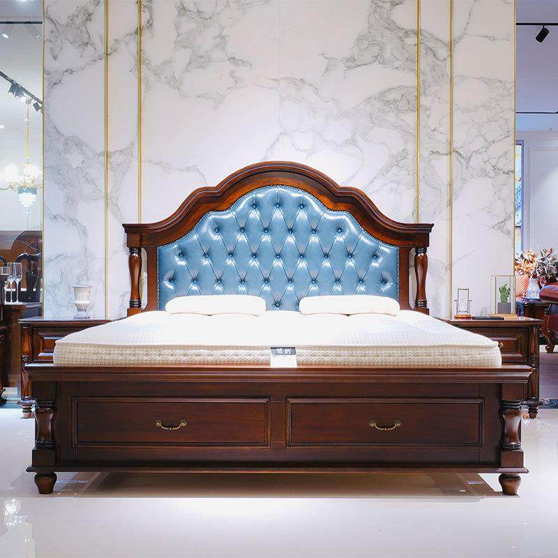 别墅美式真皮实木桃花芯木双人床主卧室软包床轻奢齐边床做旧工艺