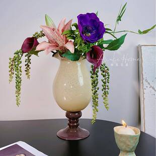 法式中古风奶黄紫底铃兰花朵风灯花瓶装饰高级感客厅斗柜玻璃花器