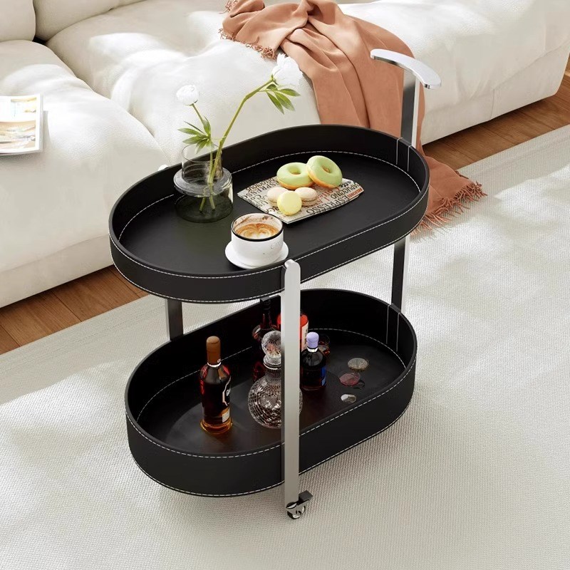 创意客厅沙发角几网红轻奢边几马鞍皮置物架可移动不锈钢推车茶几
