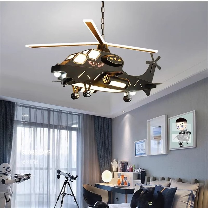 儿童房飞机灯吊灯男孩房间卧室灯创意个性复古工业风直升机模型灯