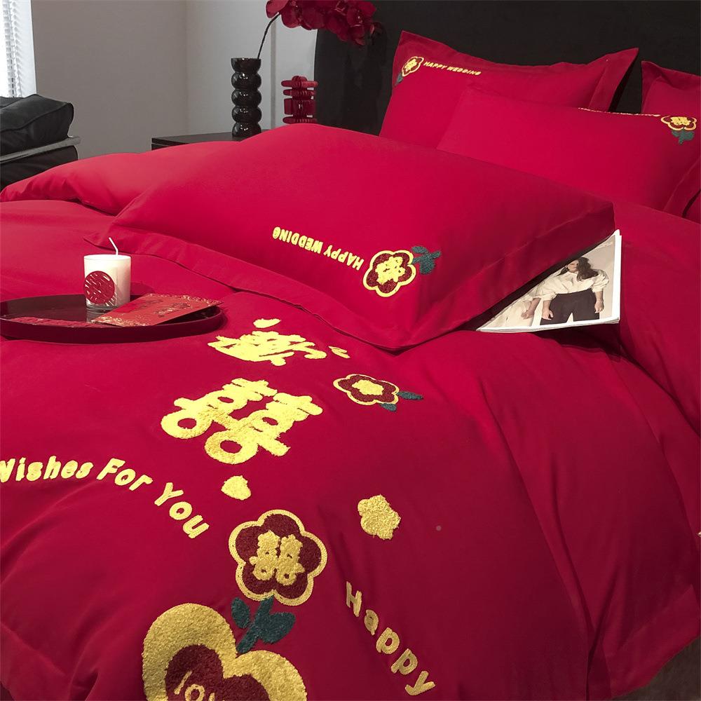 结婚用喜被套单件大红色单被女方陪的嫁礼543婚庆独床上用品四件