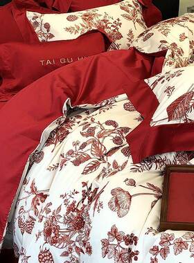 红色婚庆件套四结婚套床单婚嫁新婚被罩房床品红色结婚被BOM三件