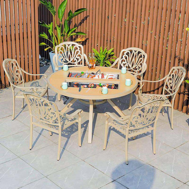 户外外烧烤桌椅圆形餐桌椅烧2467-1室外烤小桌椅椅铸铝子户烧烤桌