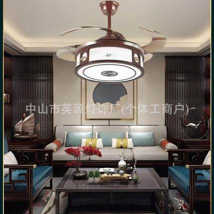 新中式led实木山隐风扇灯吊灯餐形厅灯YYDS013客厅卧室灯扇电扇灯