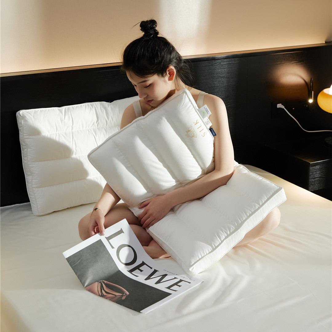 高绒端蚕丝护颈枕低枕芯上蚕丝下层羽丝中77928枕头层舒适防螨