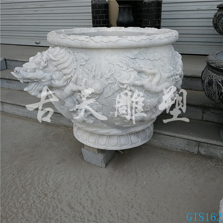 石雕汉白玉花盆鱼缸庭院花园户外装饰摆件大理石龙缸石缸石盆