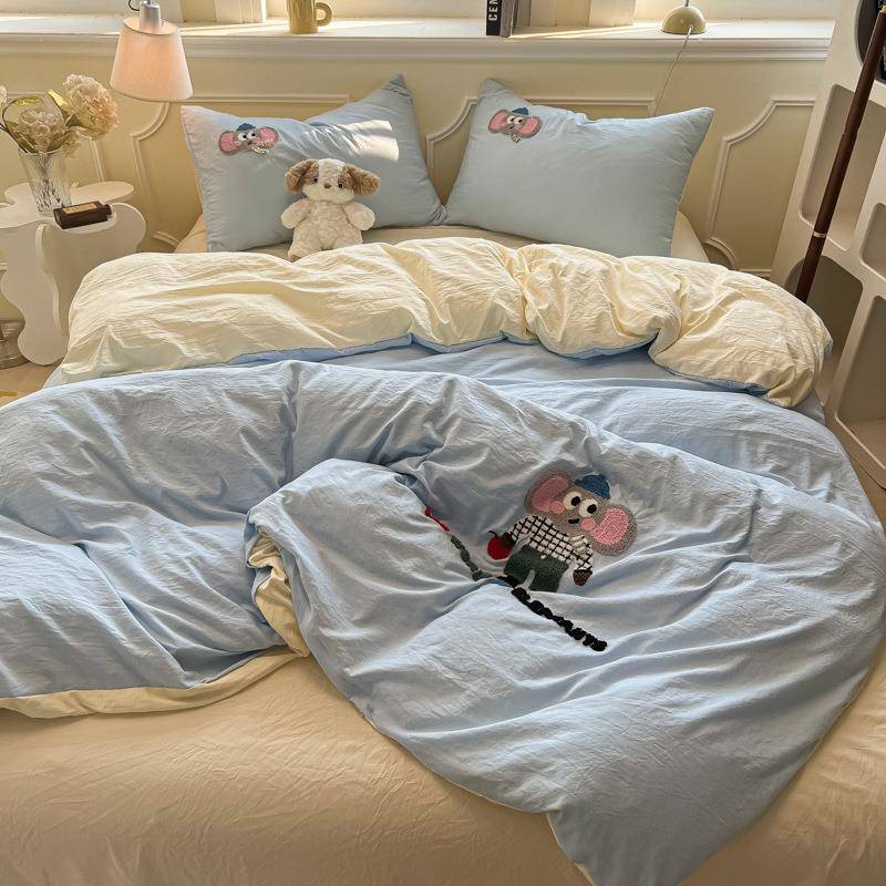 a类洗罩棉纯色四件宿舍卡通三件套套床水单被套床笠4BQW床上用品