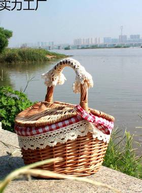 藤编柳带盖野餐提篮收纳篮水果篮田园风PPU家手工制作厂现货编手