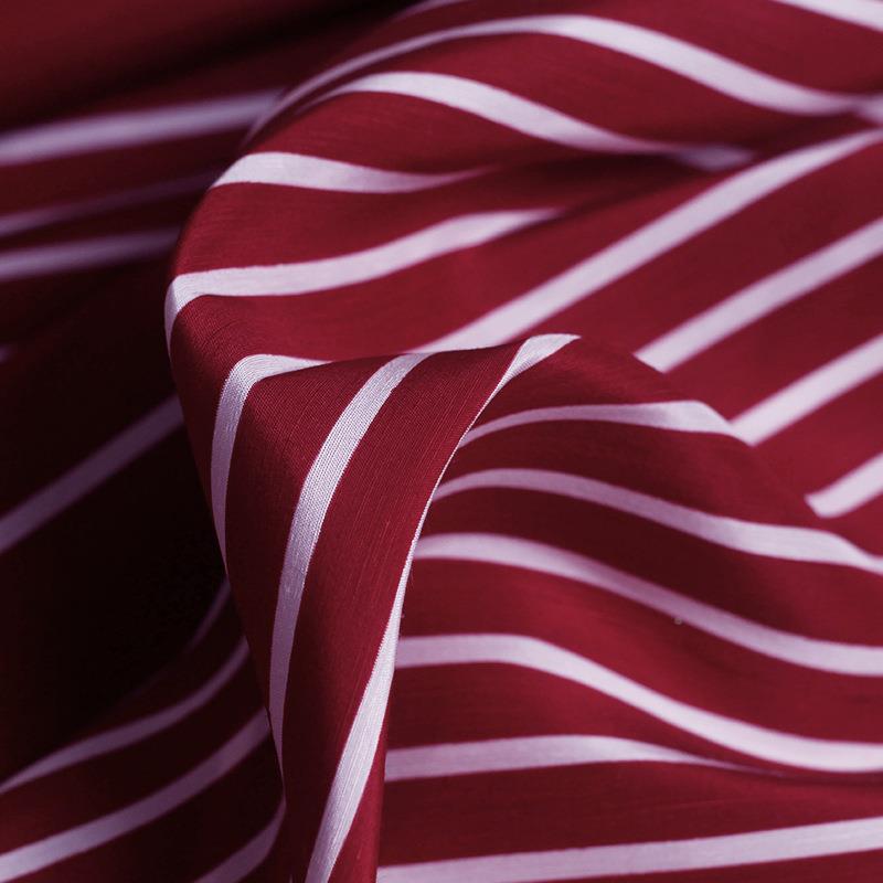 2纺姆重磅真丝亚麻8混丝麻EON红白条定位印花米服装布料面料