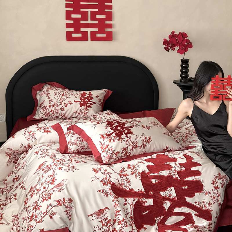 浪漫婚庆红色100S长绒棉四件套数码印花刺绣床用结婚床被套床单