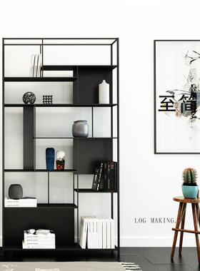 现代简约铁艺书架客厅隔断置物架黑色金属书房办公室装饰展示架子