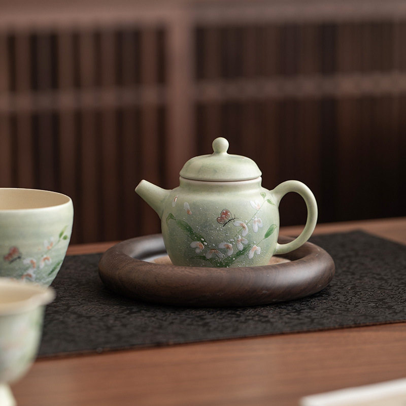 手绘粉引蝴蝶心兰茶壶高颜值陶瓷茶壶小号功夫泡茶壶女士一人用高