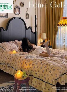 法式复实木床黑色卧FRI双人床现代古奢简约中古风轻主美式婚床安
