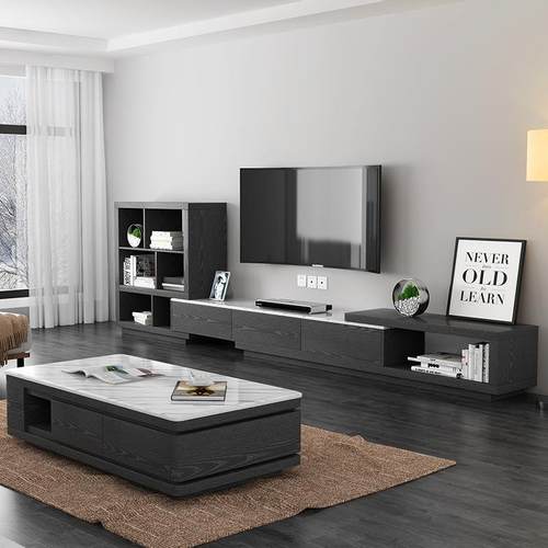 大理石电茶视柜茶几组XMX合现代简客小厅户型伸缩岩板几约家用茶