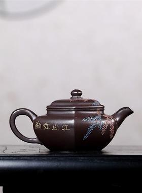 泥绘六方仿宜兴矿紫泥工家用古功夫紫砂茶原手001017壶茶具