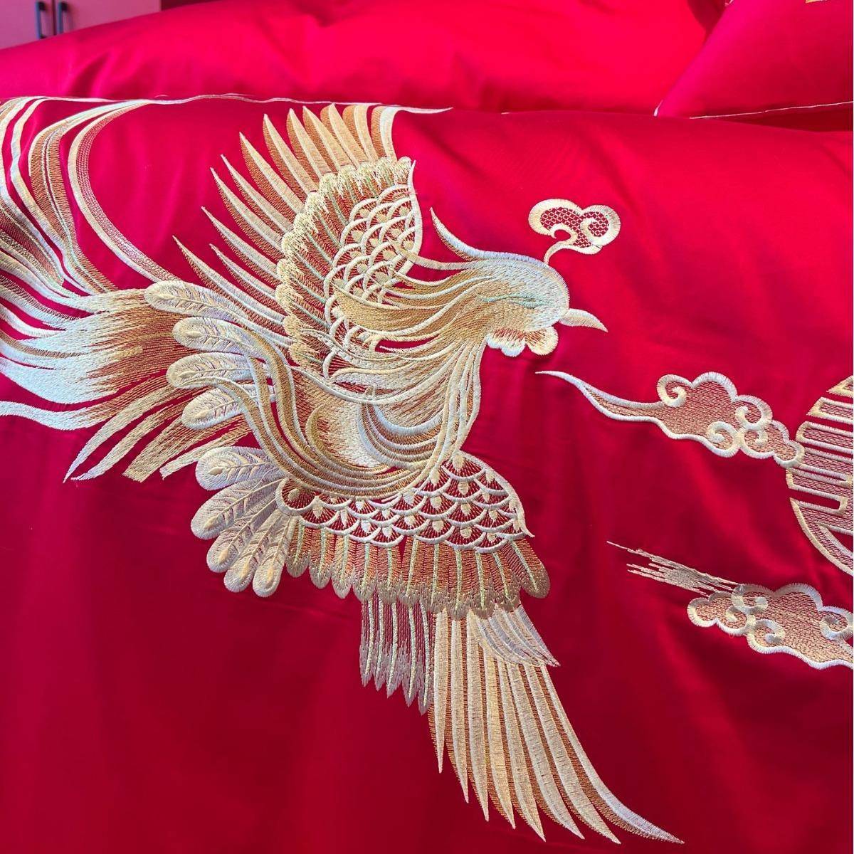 红色结婚四件套凤刺10长绒棉刺绣备婚绣床0上龙用品NAV陪嫁喜被嫁