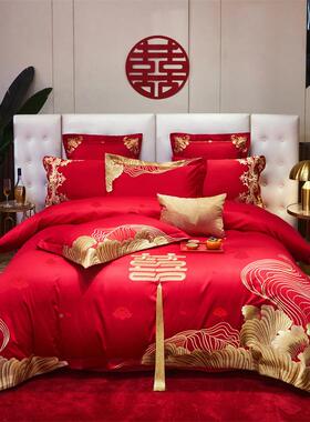 长绒四棉120支婚庆件套大红龙凤HFT88结婚陪嫁刺绣六件套中式轻奢