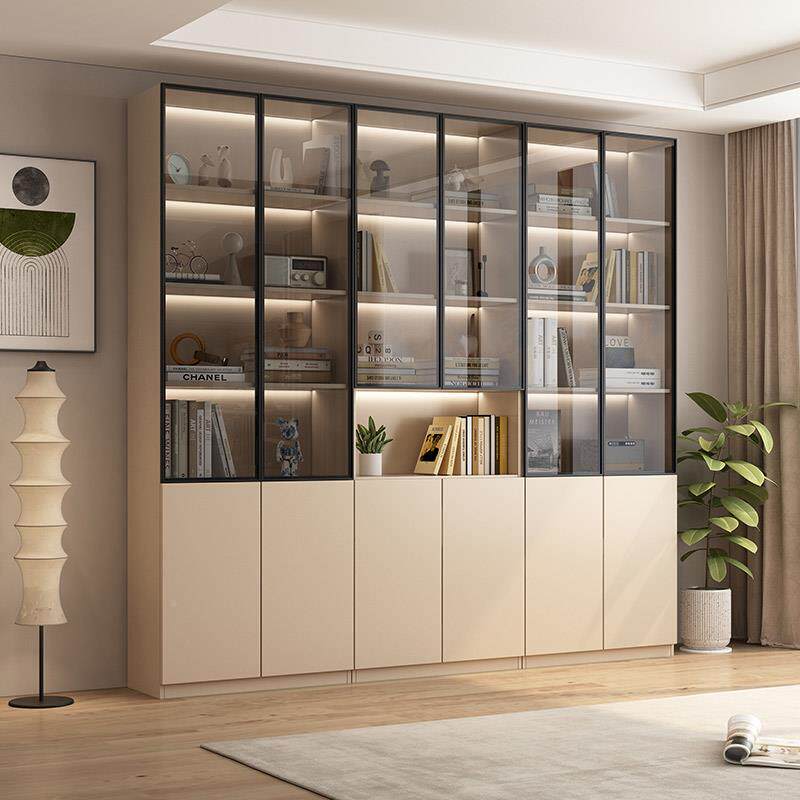 ?书柜一体整定墙到顶实木门制柜子玻璃客展F77S9MJS示厅柜家用轻