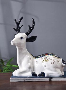 创意田瓷园青花坐陶ZVB摆鹿件骨瓷家居书房客厅纯手工白家瓷厂直