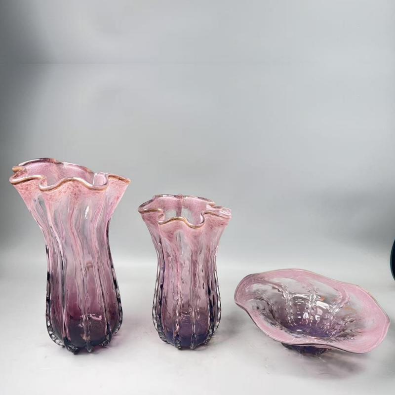 彩色玻璃吹制粉色琉璃花瓶摆件家居工艺品琉璃装饰白菜瓶花边口装
