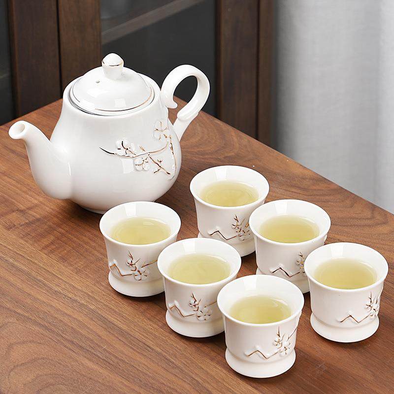 浮雕描金梅花瓶茶具套装白瓷整套简约家用茶壶茶杯子陶瓷功夫,纺织面料/辅料/配套,纺织机械配件,淘宝优惠券,粉丝福利购,淘宝优惠卷