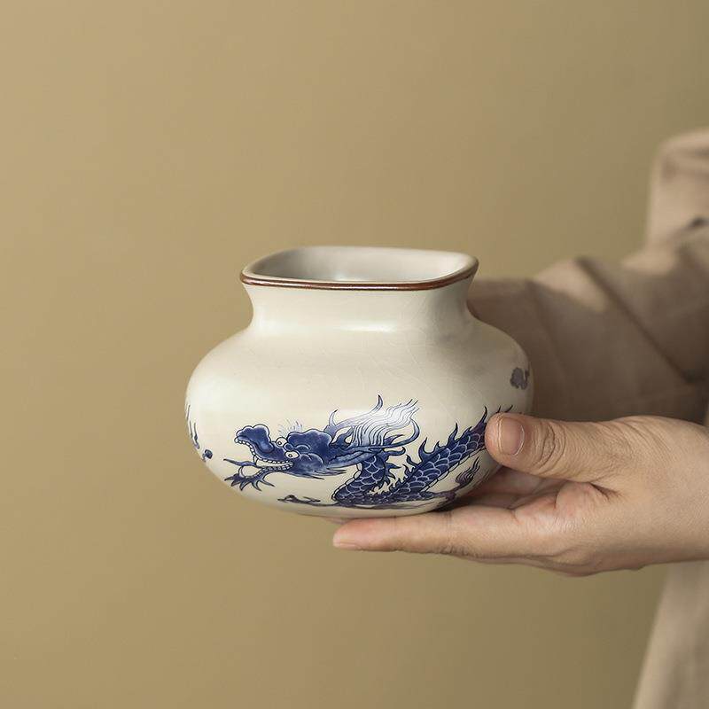 米黄汝窑龙纹聚宝建水茶渣缸杯洗复古陶瓷家用笔洗水盂茶具配件