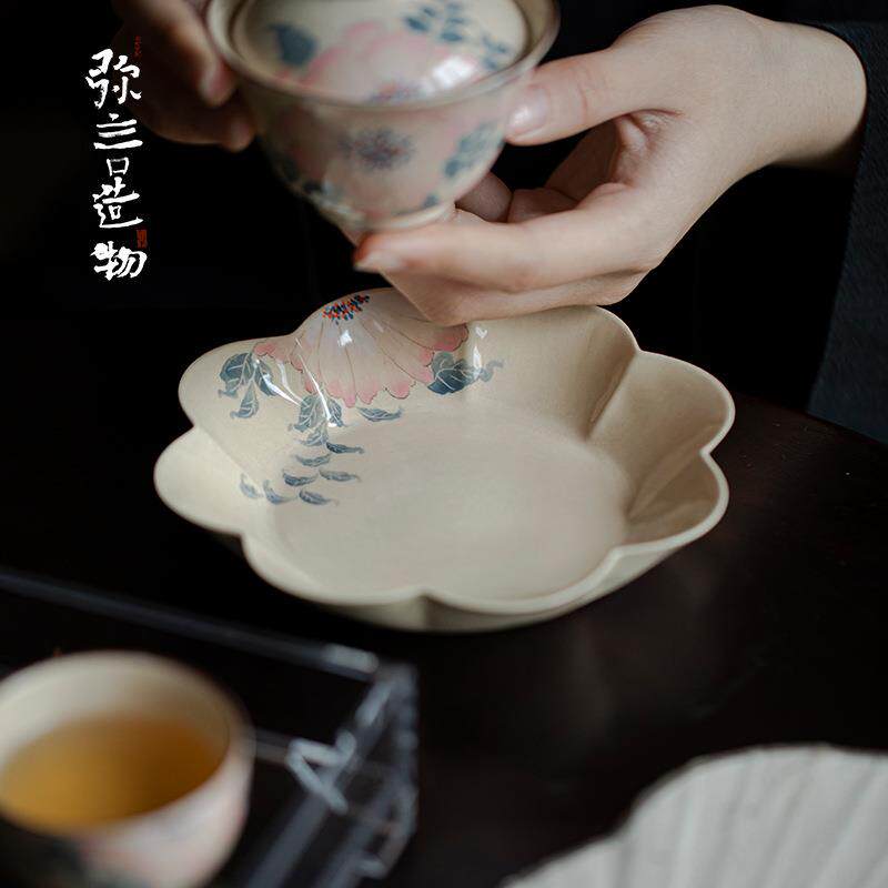 弥言粉引釉下彩纯手绘牡丹花陶瓷壶承手工花边干泡台茶道配件茶台