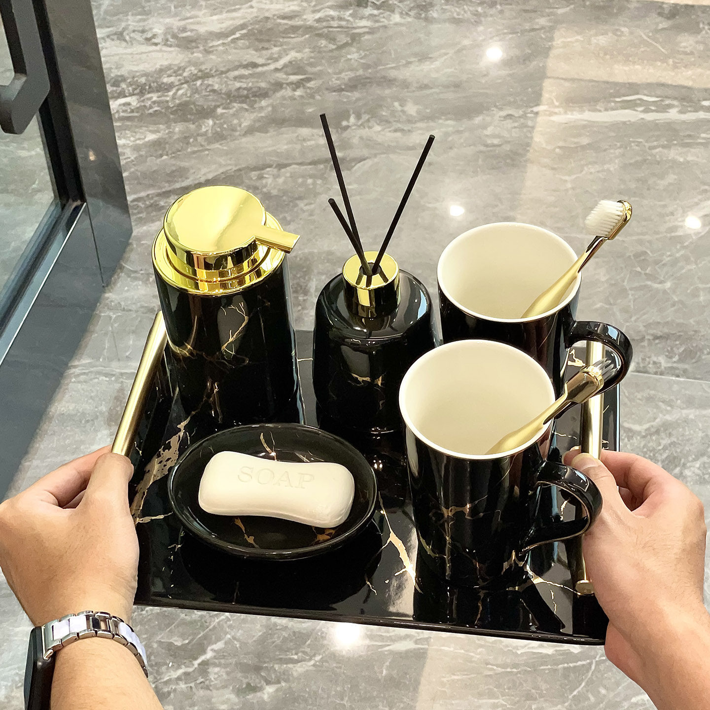 浴室轻奢牙杯洗漱杯子家用高级感高颜值漱口杯情侣陶瓷杯子6件套