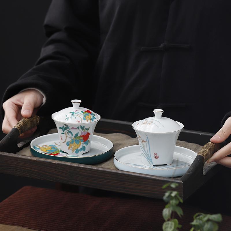 羊脂玉杯敬茶小号茶碗带大佛尘随手礼个人泡茶品茗陶瓷三才盖碗