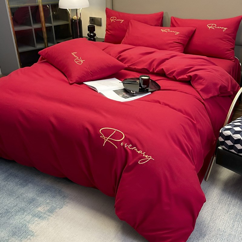 大红色婚庆四件套结婚床上用品水洗棉被套床单中式喜庆新婚房陪嫁