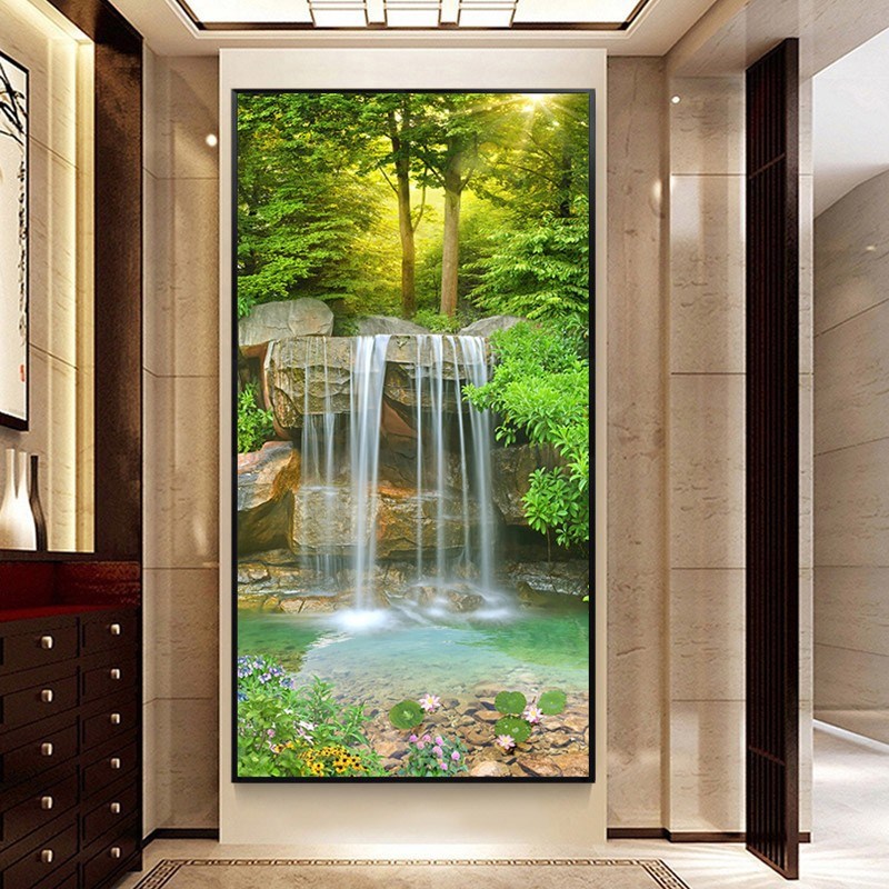 5d钻石画满钻新款客厅走廊玄关流水生财山水风景贴钻十字绣钻石绣
