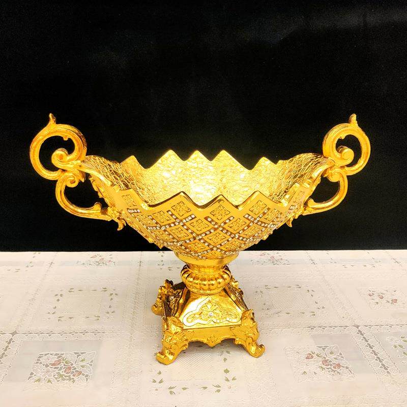 欧式果盘电镀金工艺家居装饰品双耳水果盘金色摆件收纳客厅餐桌