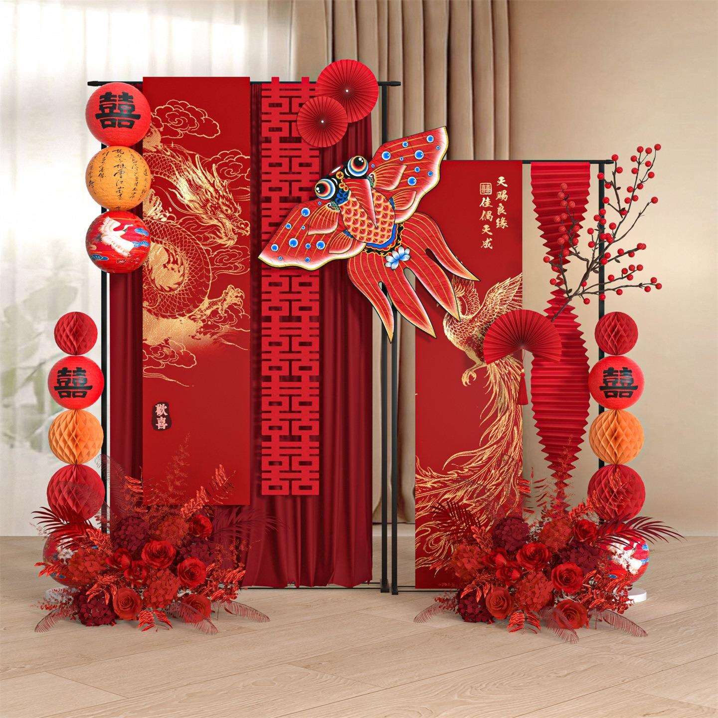 中式婚房装饰布置套装纸鸢条幅支架摆件新房布置晨袍拍摄背景道具