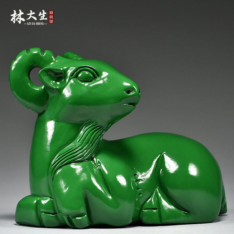 绿色木雕刻羊摆件三合十二生肖木羊工艺品家居客厅属羊装饰品送礼