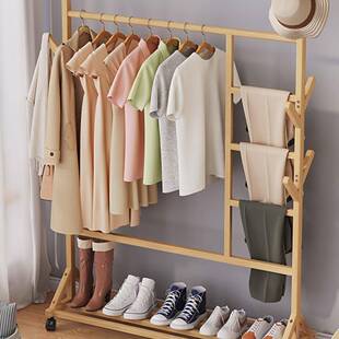 cs木质晾衣架家用挂衣可移动裤架儿童落地实木床头收纳架子小型