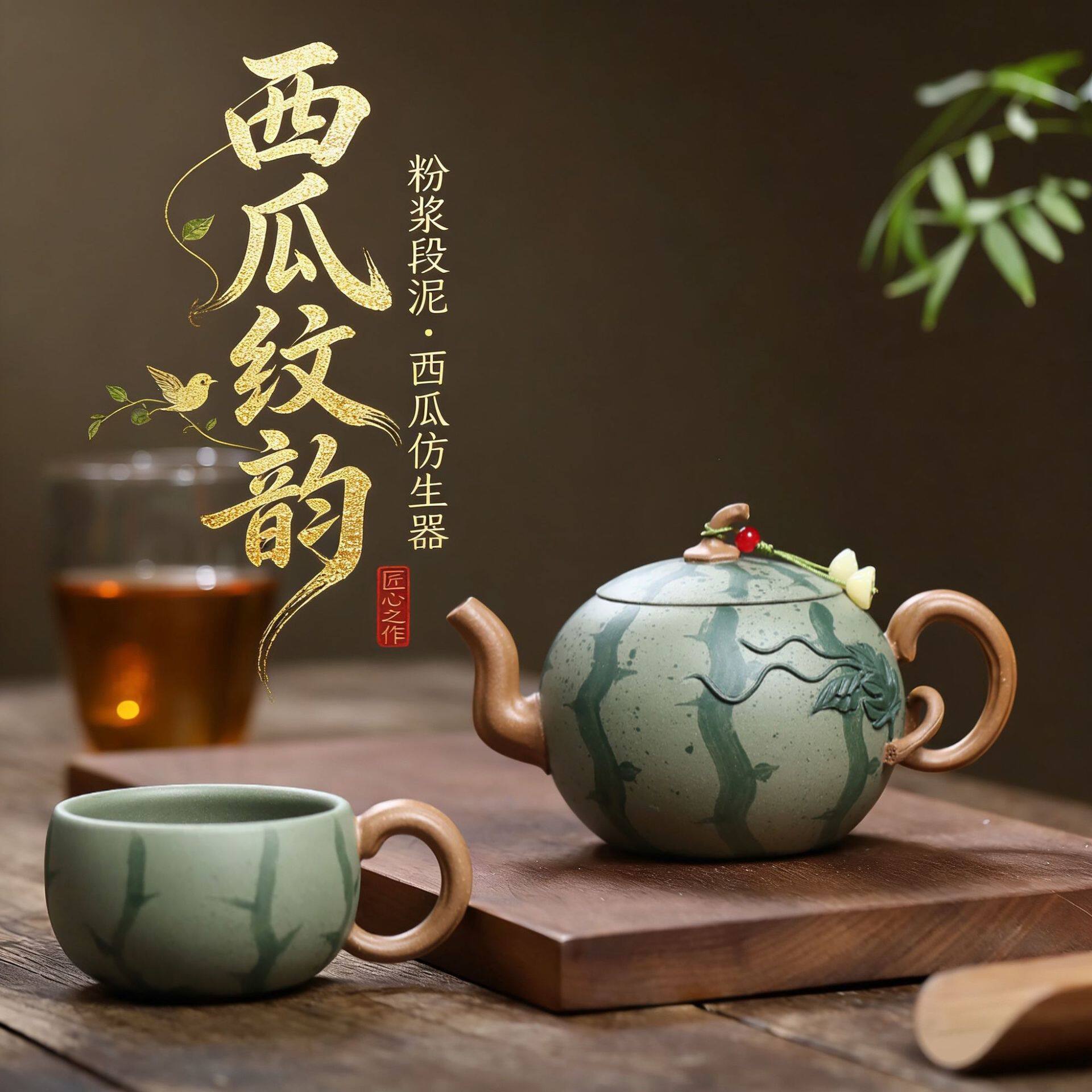 宜兴紫砂壶原矿粉浆段泥仿生小品西瓜纹韵壶花器茶壶套装一壶一杯