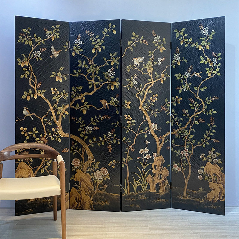 中式屏风复古黑色客厅餐厅隔断折叠移动遮挡入户玄关漆画小户型