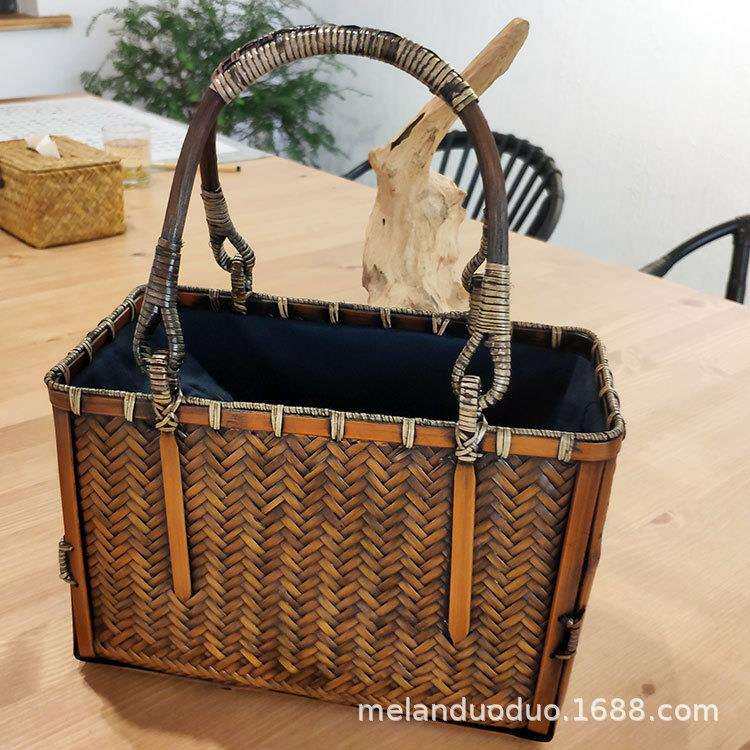 竹编包二枪精品竹包手工编织茶具收纳篮竹篮复古文艺女士拎包竹包