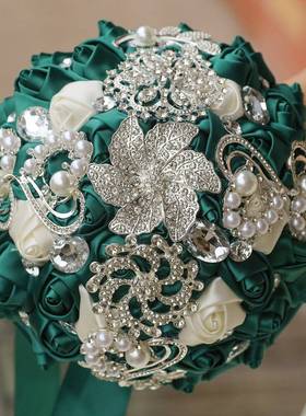 墨绿色新娘结婚手捧花伴娘婚礼仿真花束婚庆用品W228D