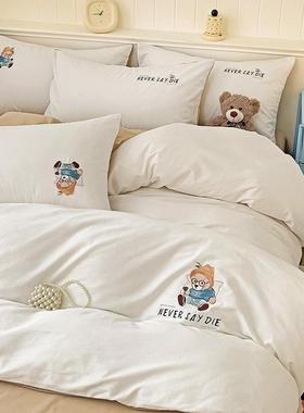 全全棉水洗棉床上四宿件套简约单棉19875被套床学生舍三件套床笠