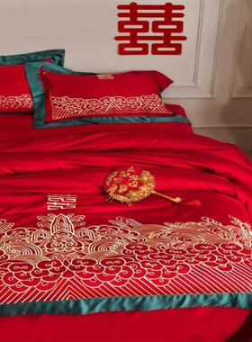 E4C芸居全棉纯棉长绒婚套庆天结婚床436上用品四件新婚大红床笠棉