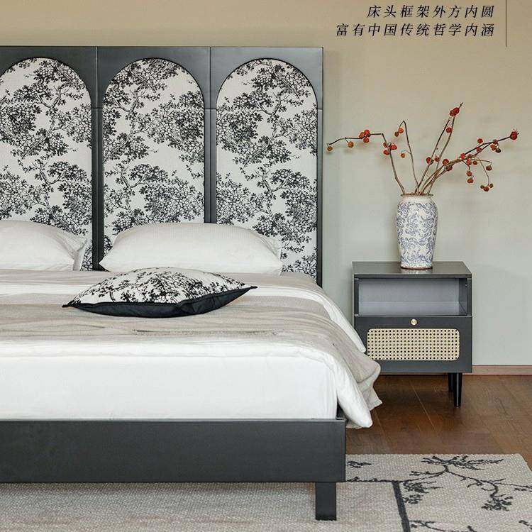 法中国风树莓风床全实木黑色布艺SQG软包床轻屏奢简蜡约白式木床1