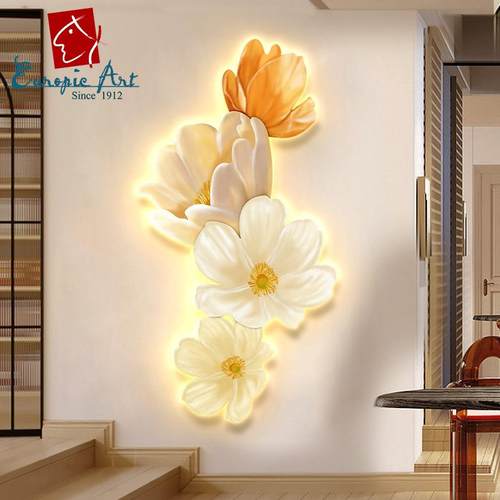 奶油风玄关装饰画入户花卉led氛围灯画发光走廊过道客厅竖款挂画