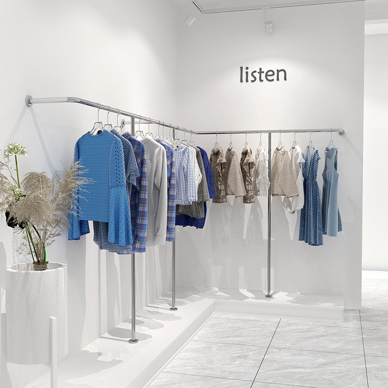 服装店展示架落地挂衣服货架子女装店壁挂墙上不锈钢杆陈列童装架