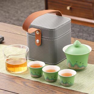 旅行茶具小套装便携式陶瓷快客杯一壶三杯户外露营泡茶壶刻字logo