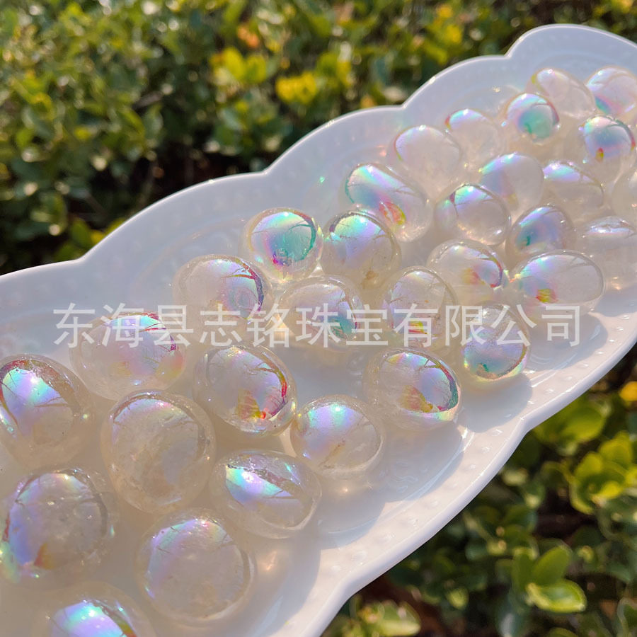 天然白水晶电镀AB彩虹月光镀膜滚石摆件儿童科普装饰欧美跨境翻滚