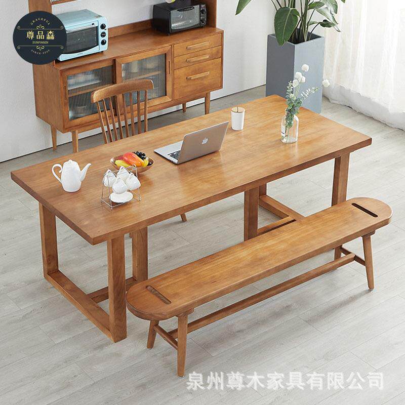 北欧简约全实木餐桌家用聚会多人长桌长凳吃饭桌子原木工作台